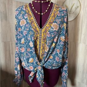 Bunulu Chic V Neck Floral Tie-Front Blouse